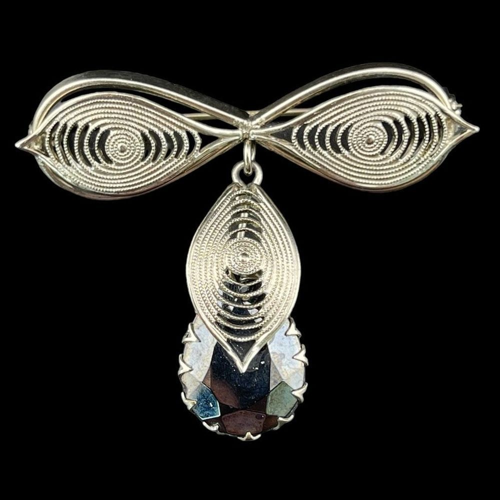 West Germany Signed Filigree Open Work Dangle Drop Dog Tooth Set Rhinestone Broo